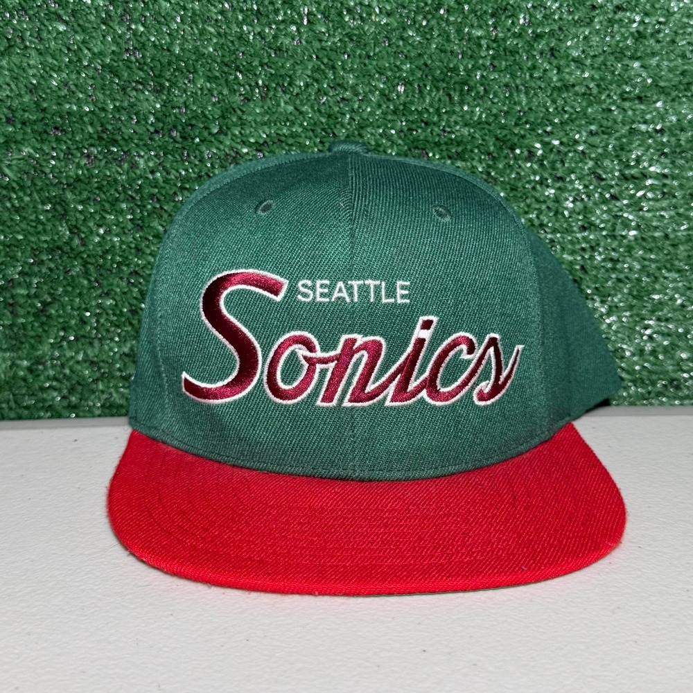 Mitchell & Ness Seattle SuperSonics Snapback Script Hat NBA Green & Red One Size